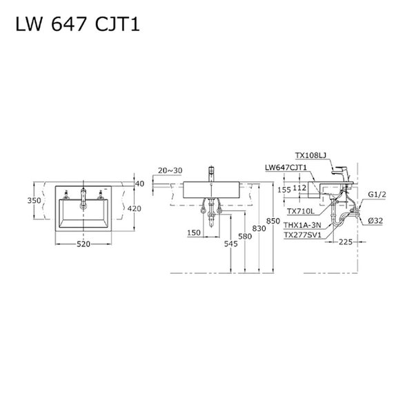 LW647CJT1 - Semi Recessed Lavatory 1 Tap Hole (Available: 3 Tap Holes)