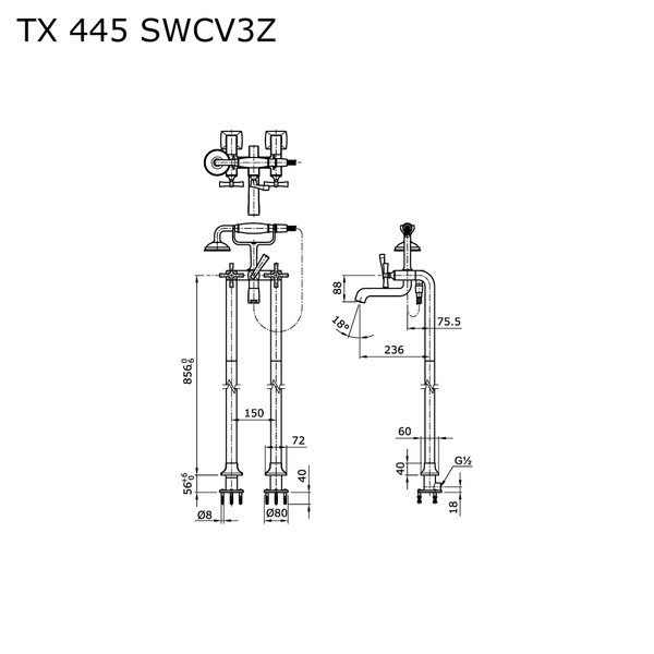 TX445SWCV3 - WENZAL - Cross Handle Floor Standing Bath & Shower Set
