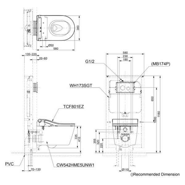 Wall Hung Toilet Bowl CW542HME5U with Washlet TCF801EZ