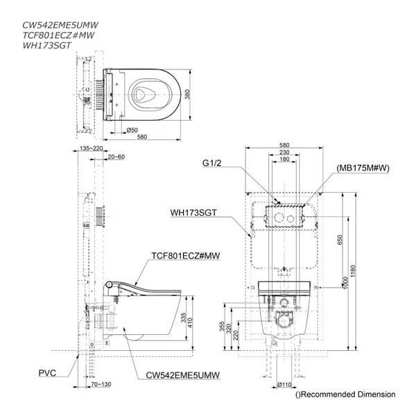 Wall Hung Toilet Bowl CW542EME5UMW with Washlet TCF801ECZ#MW
