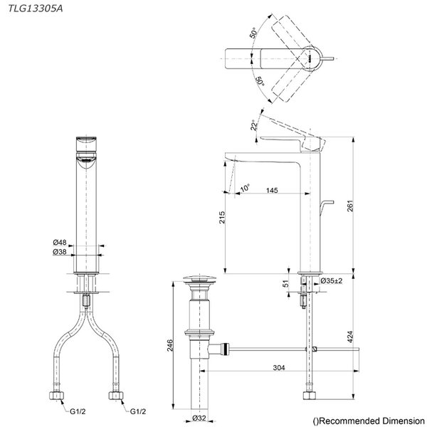 TLG13305A - GT - Single Lever Lavatory Faucet (Tall Vessel) (w/ Pop-up Waste) (L)