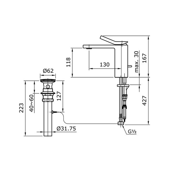TX115LQBR - LE MUSE - Single Lever Lavatory Faucet with Pop-up Waste